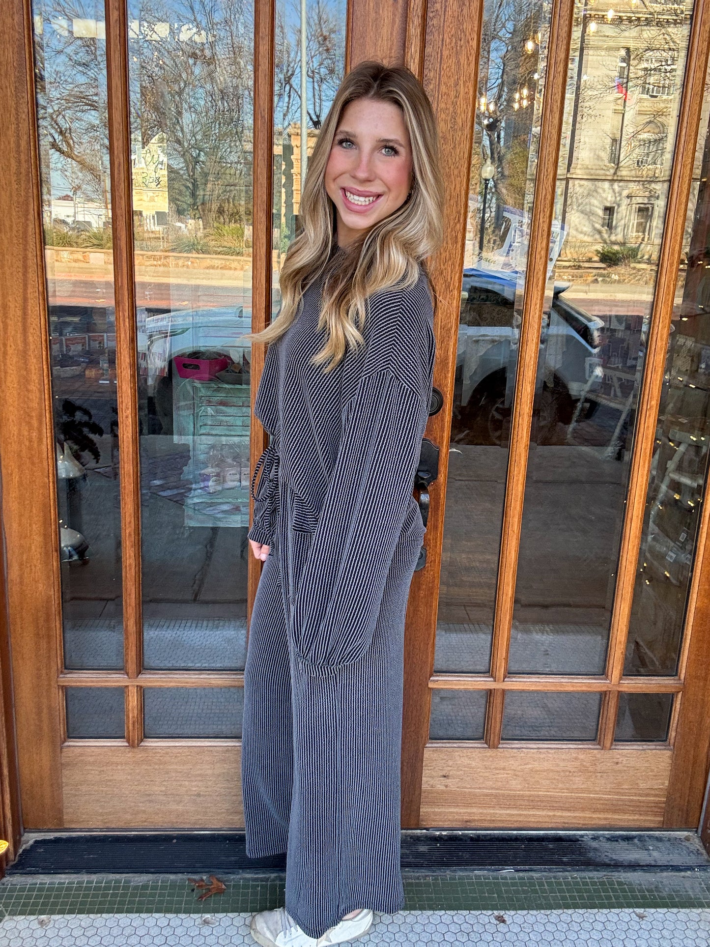 Black Ribbed Long Sleeve Wide Pant Set