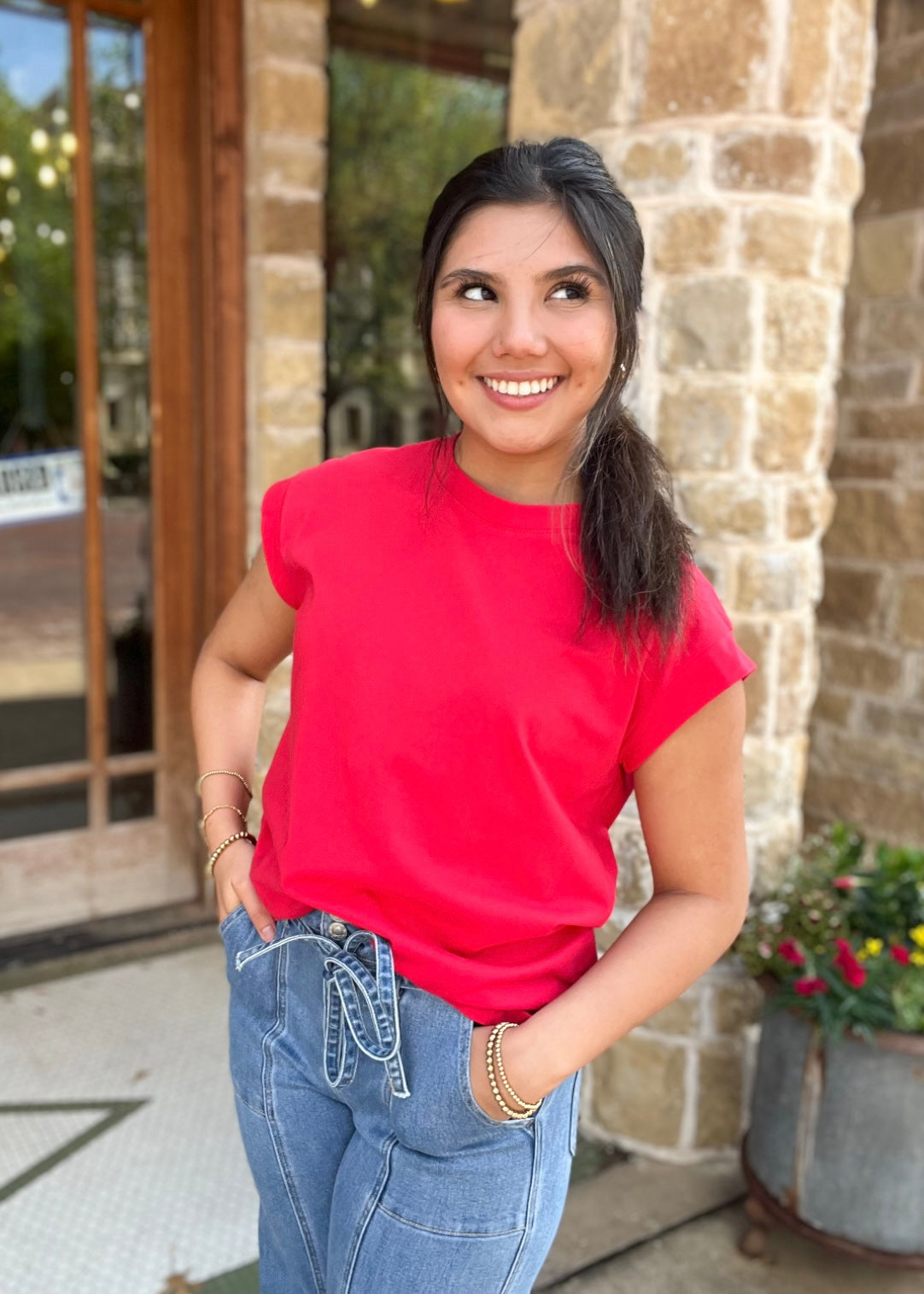 Tops | Tee Red Solid Short Sleeve