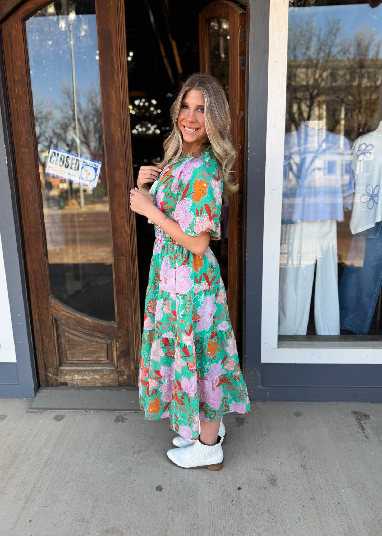 Dresses | THML Dress Maxi Teal Floral Print Tiered Tassel