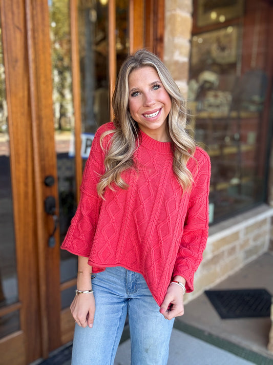 Tops | Sweater Knit Cable Cotton 3/4 Sleeve Dusty Red