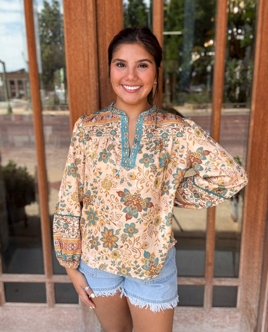 Top | Blouse Taupe Teal Ruffled Collared Split Neck Long Sleeve