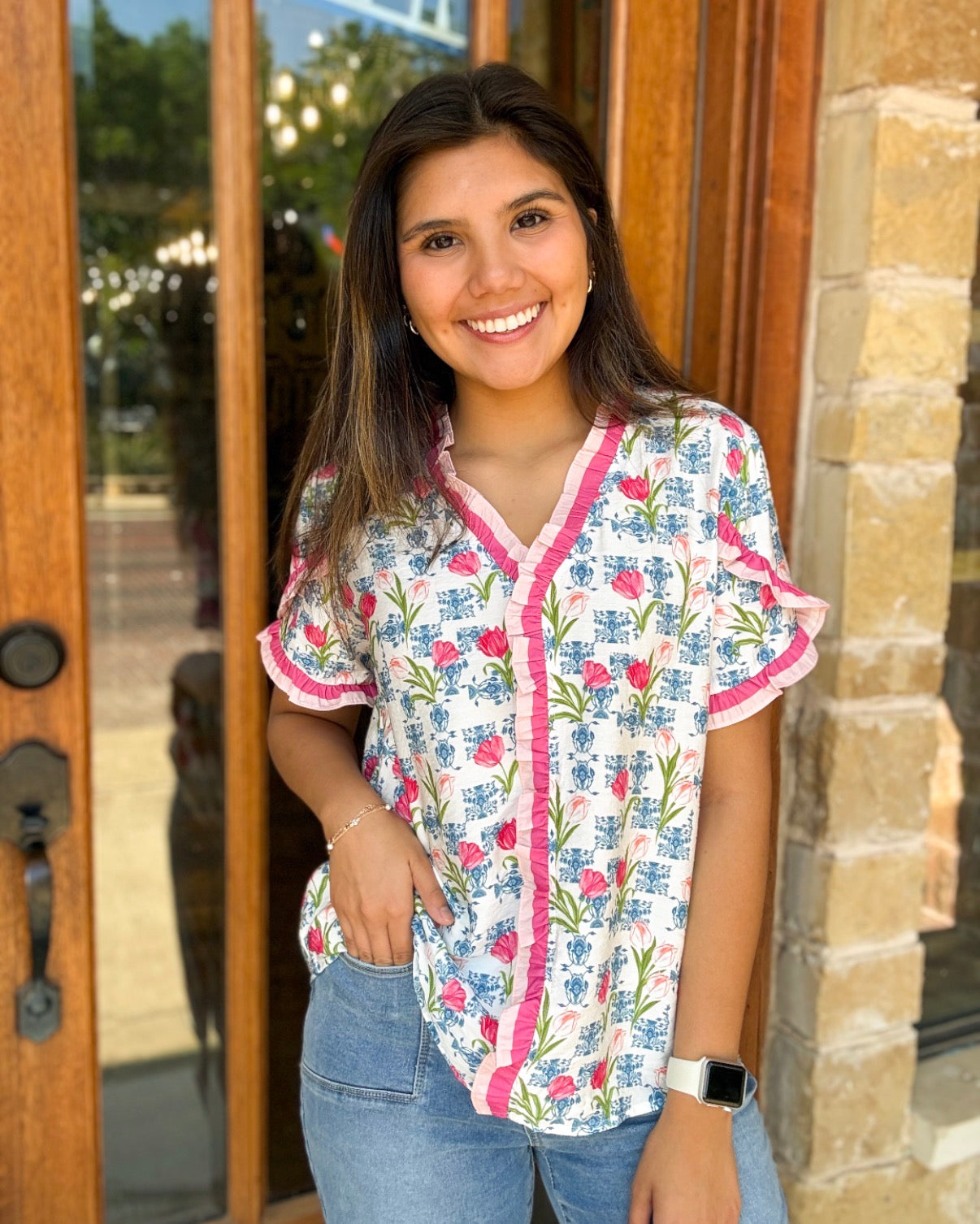 Blouse - Pink Tulip Ruffle Trim