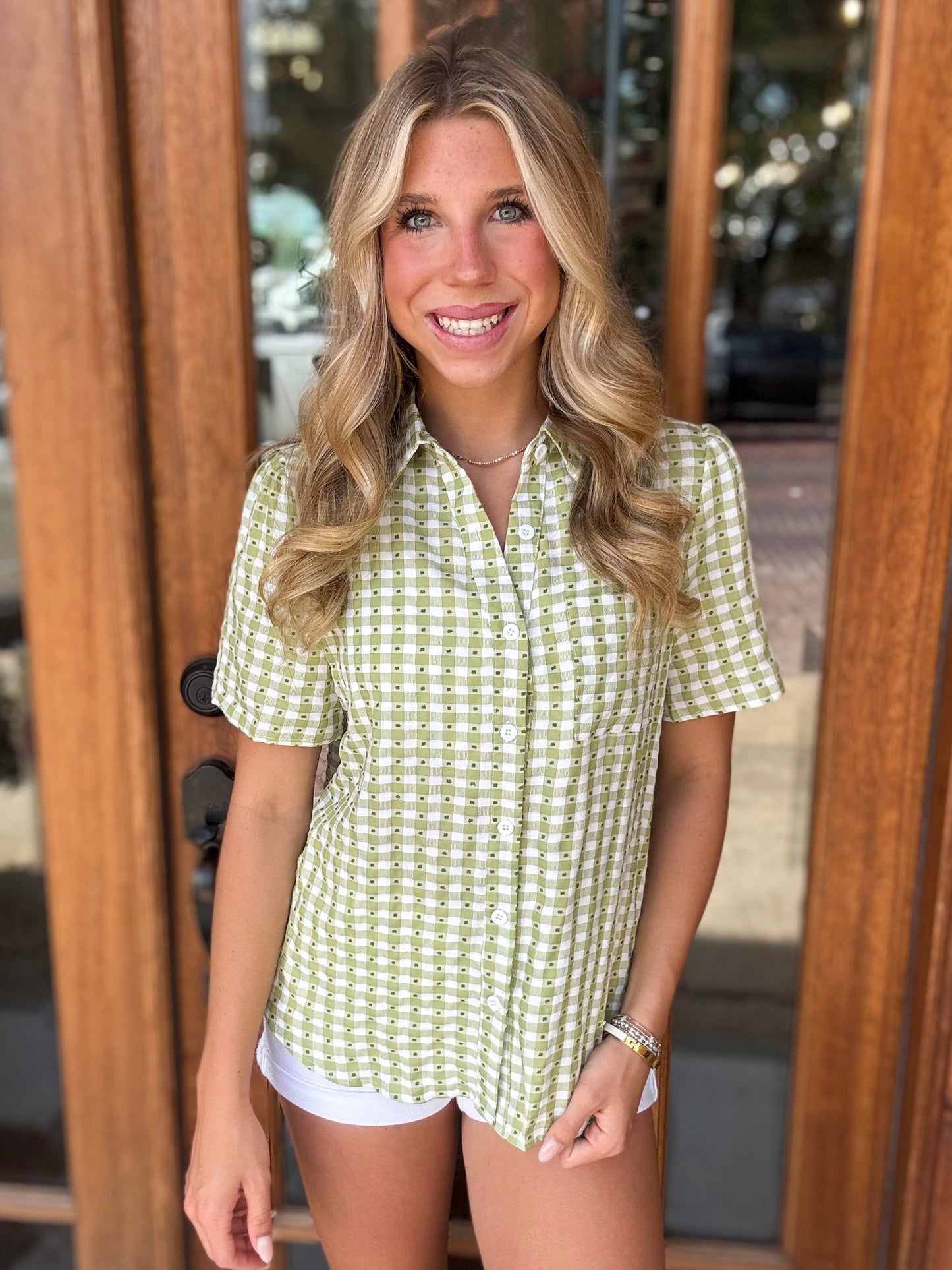 Blouse - Green Gingham Button Down