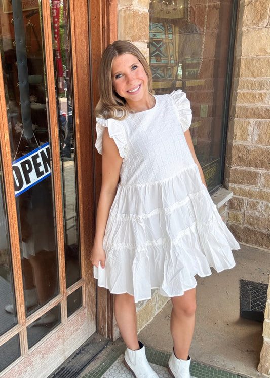 White Textured Bodice Tie Back Mini Dress