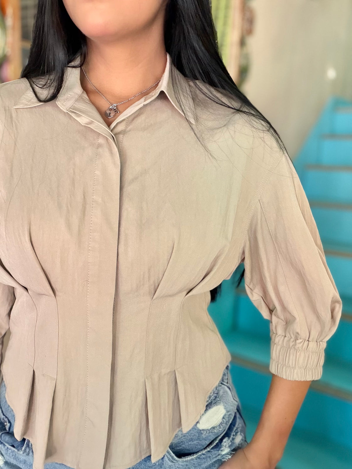 Blouse - Taupe Dart Button Down