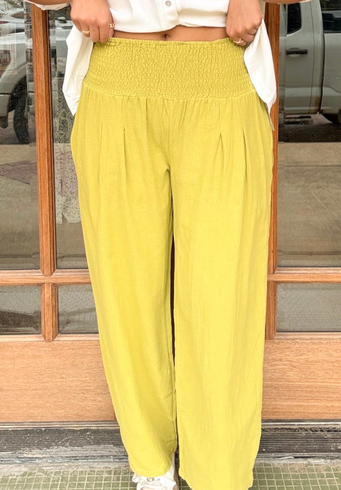 Trousers - Green Smocked Wide Leg