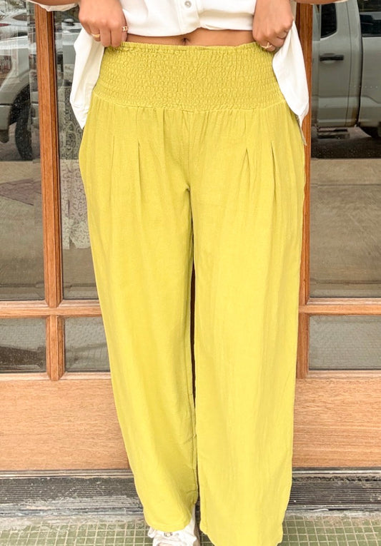 Trousers - Green Smocked Wide Leg