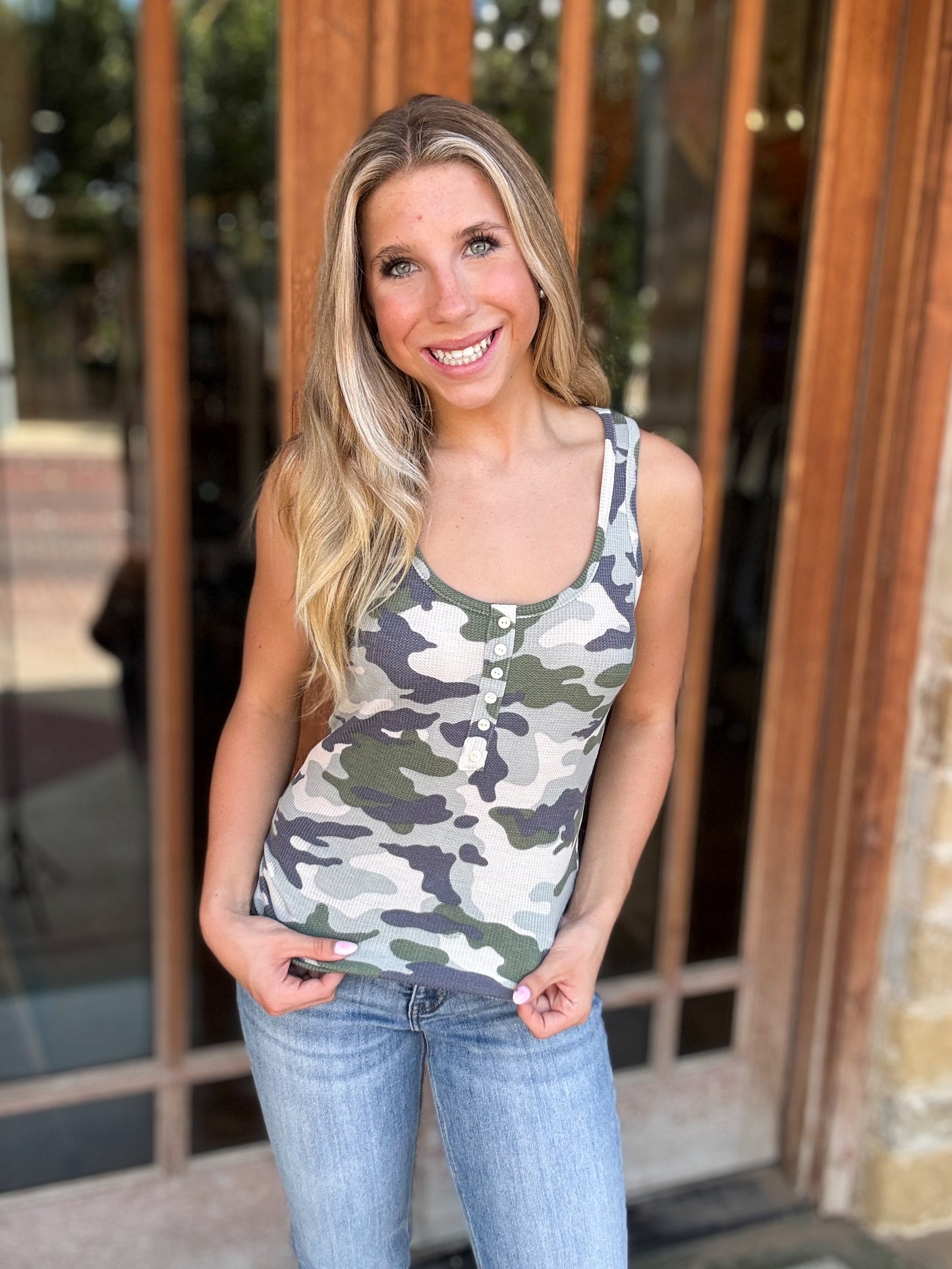 Tops | Tank Camo Print Scoop Neck Button Front