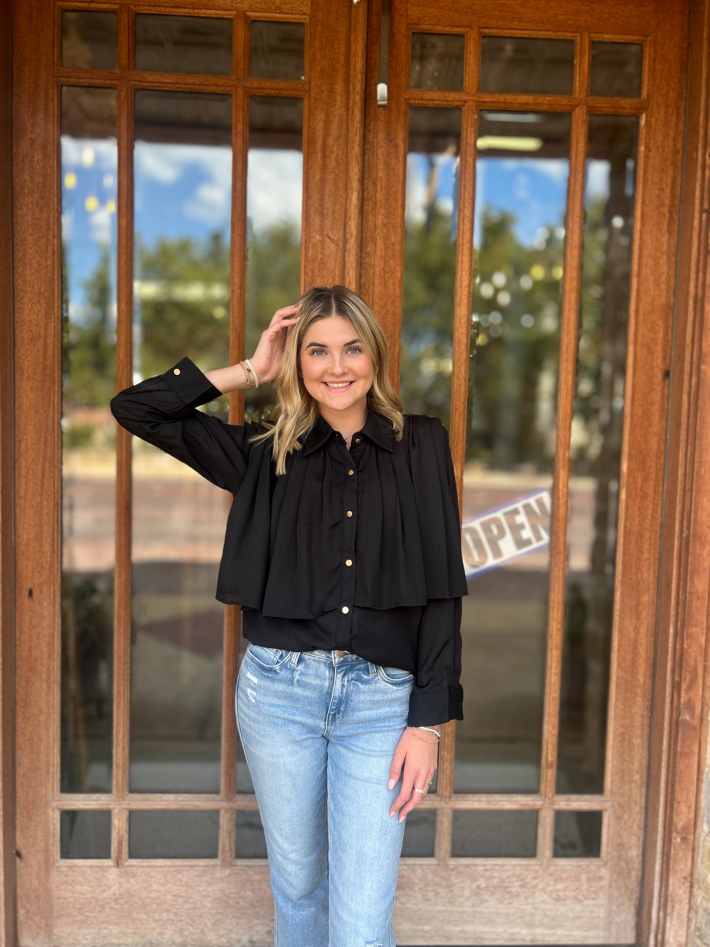 Tops | Blouse Black Loose Pleated Split Joint Lapel Long Sleeve