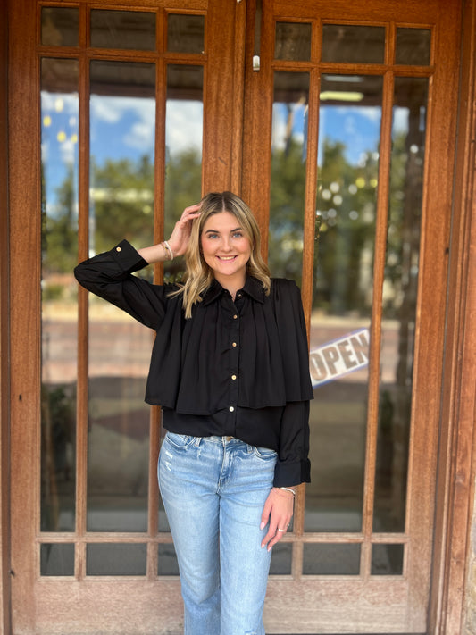 Tops | Blouse Black Loose Pleated Split Joint Lapel Long Sleeve