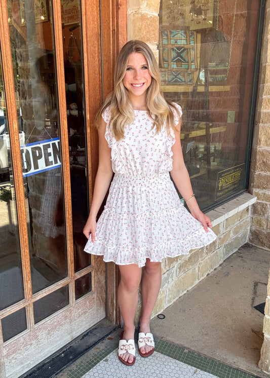White Ditsy Floral Print Ruffle MIni Dress