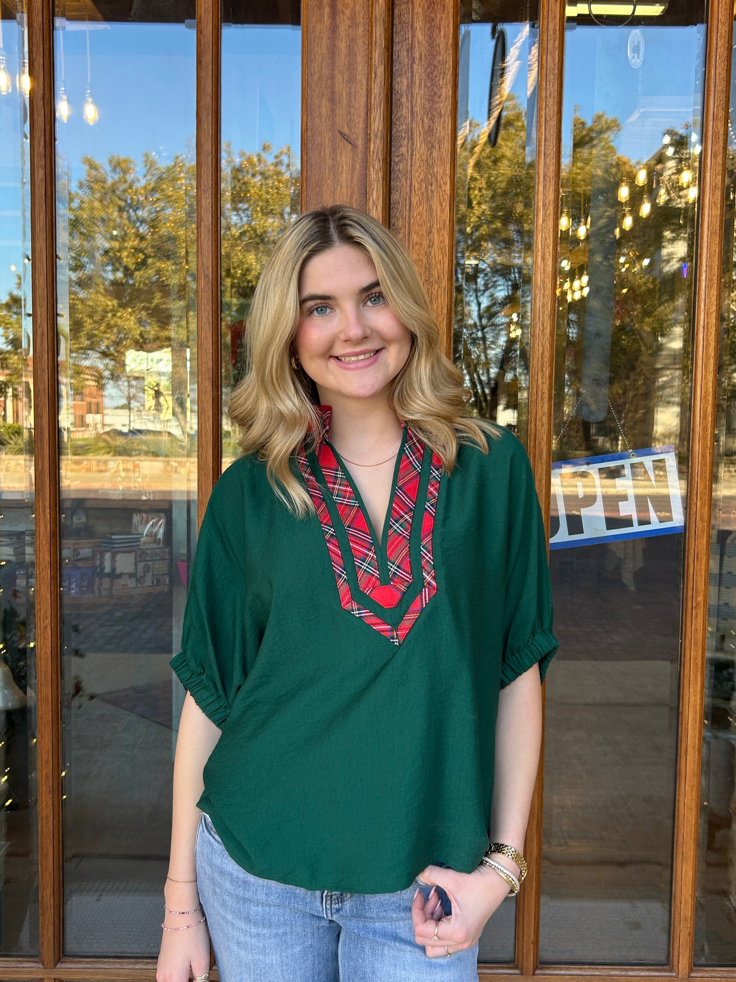 Holiday Plaid Trim Blouse
