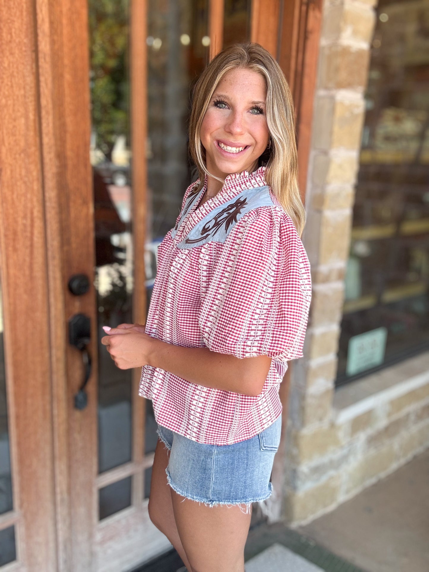 Top | Blouse Red Embroidered Puff Sleeve Gingham