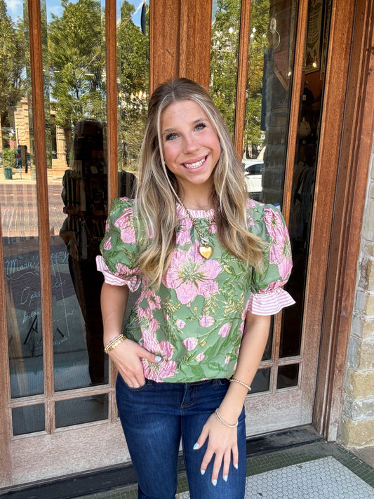 Tops | Blouse Pink Striped Ruffle Detailed Floral Jaquard