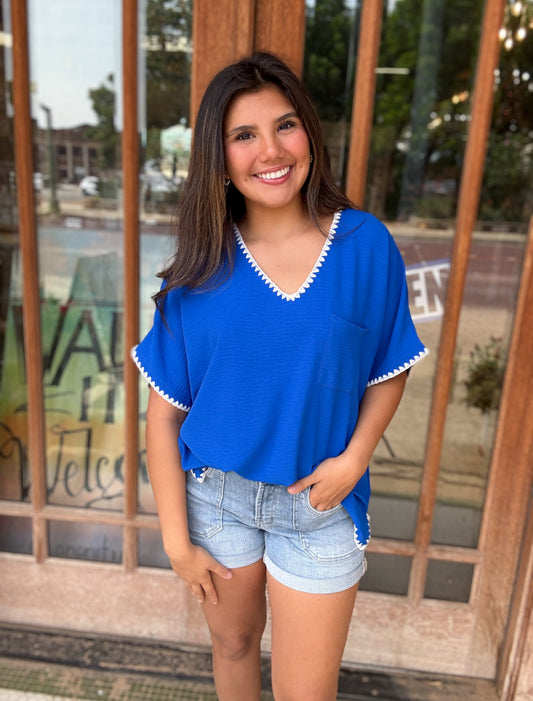 Tops | Blouse Blue V- Neck W/ White Embroidered Trim