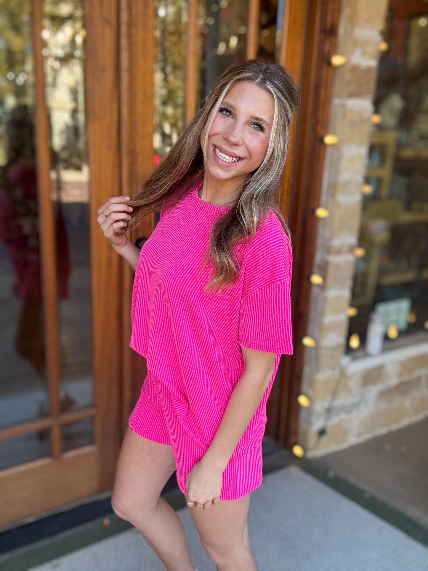 Sets | Neon Pink Short Sleeve & Shorts Raised Ribs