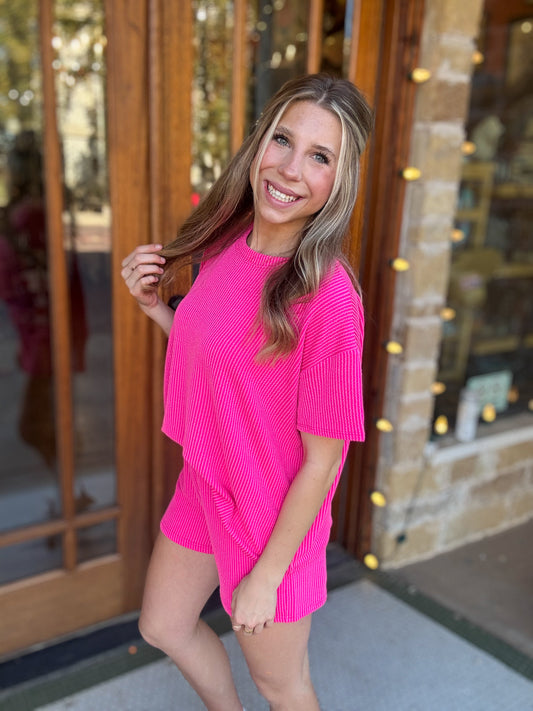 Sets | Neon Pink Short Sleeve & Shorts Raised Ribs