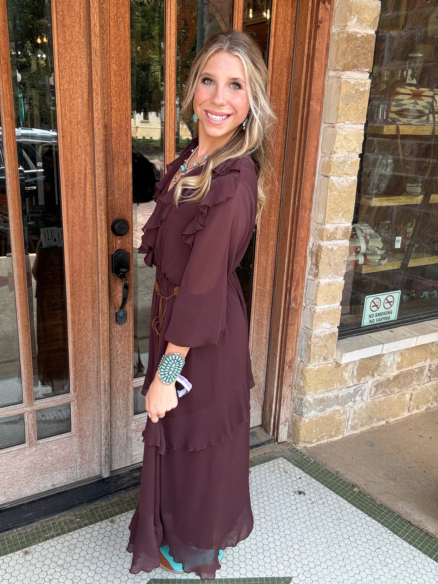 Dress | Maxi Chocolate Contemporary Flowy Ruffled with Belt