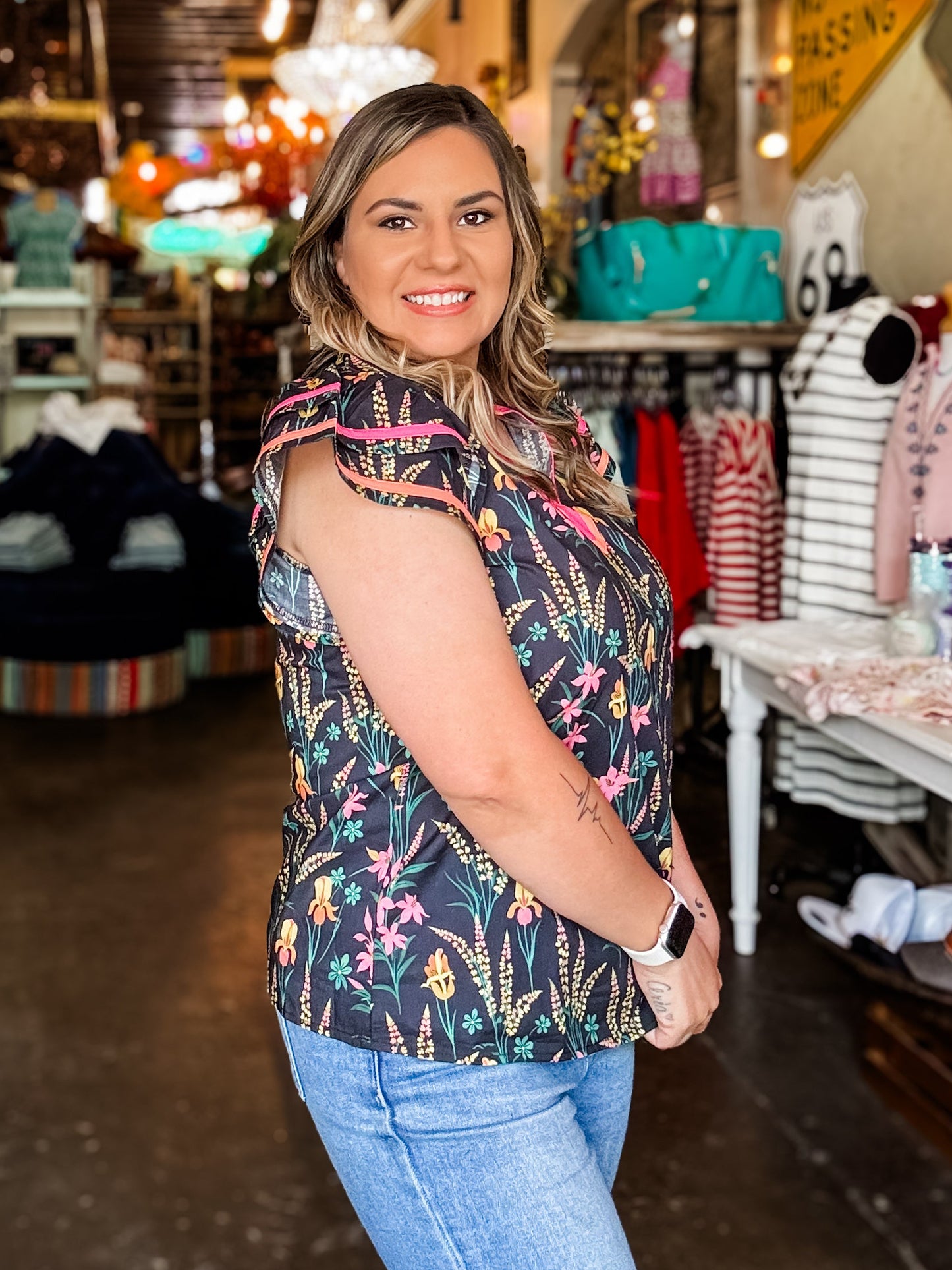 Blouse - Navy Garden Flutter Sleeve