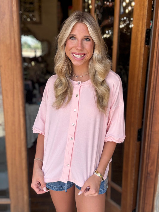 Top - Pink Oversized Button Front