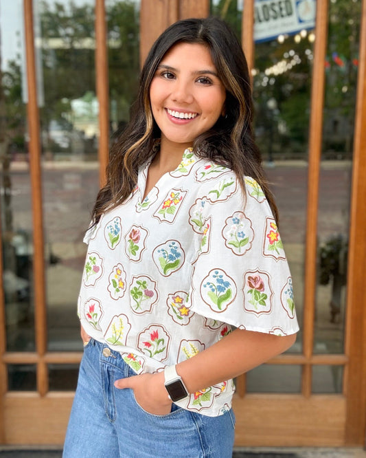 Blouse - Floral Embroidered V-Neck