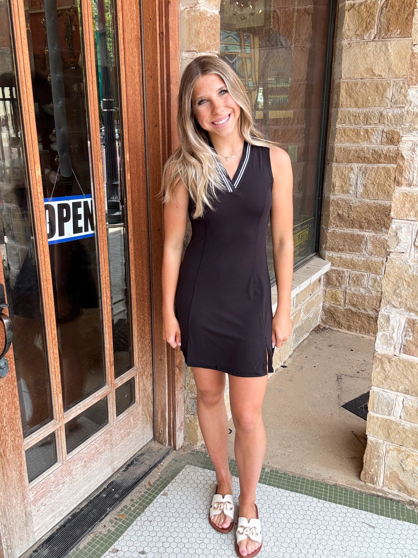 Athleisure | Tennis Dress Black V- Neck Slit W/ Contrast Stripe