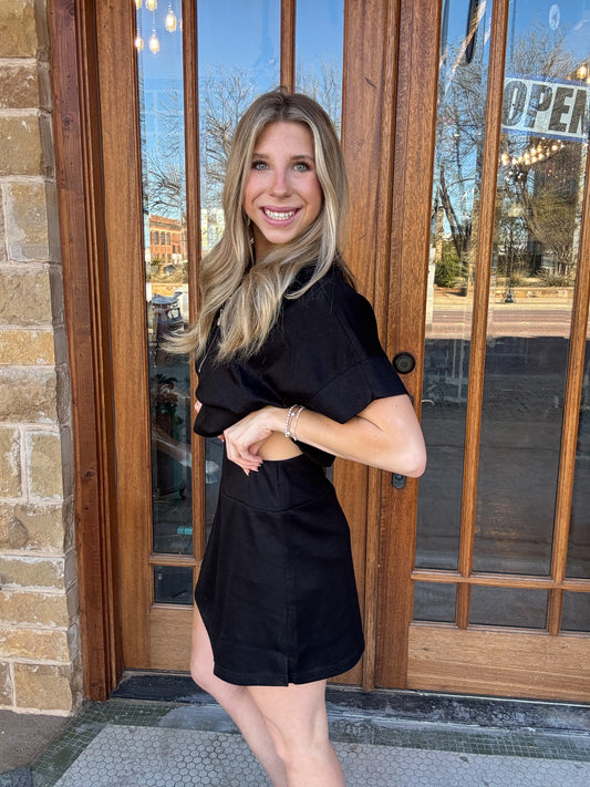 Black Half Zip Mini Skirt Set