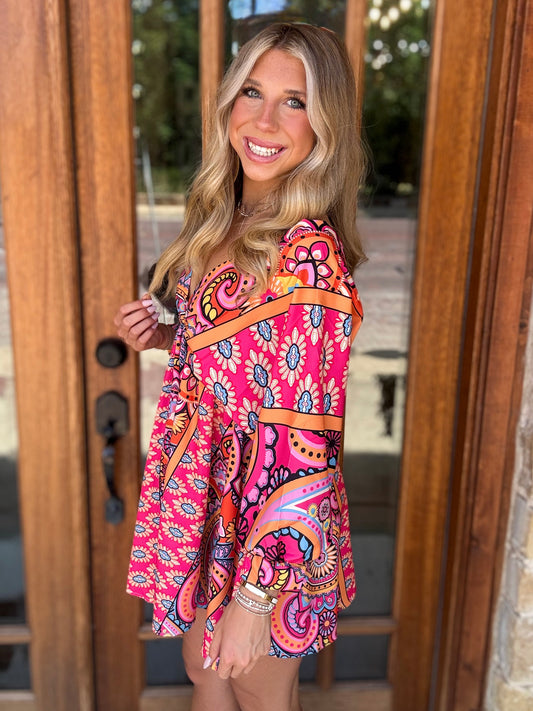 Dress - V-Neck Belted Print