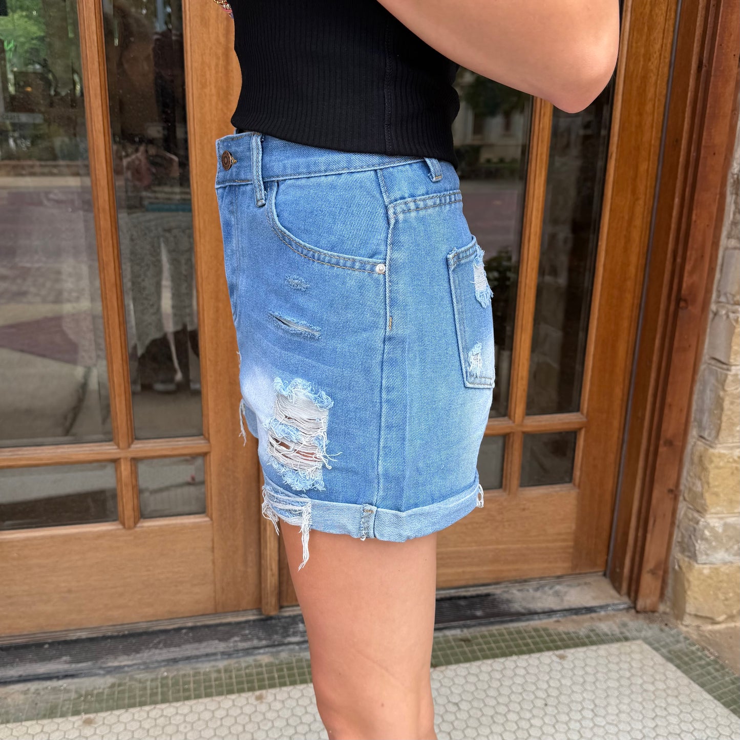 Shorts - High Waist Ripped Denim