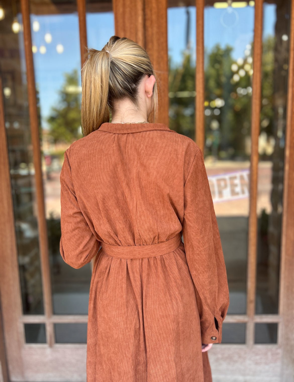 Dress | Midi Brown Corduroy V-Neck