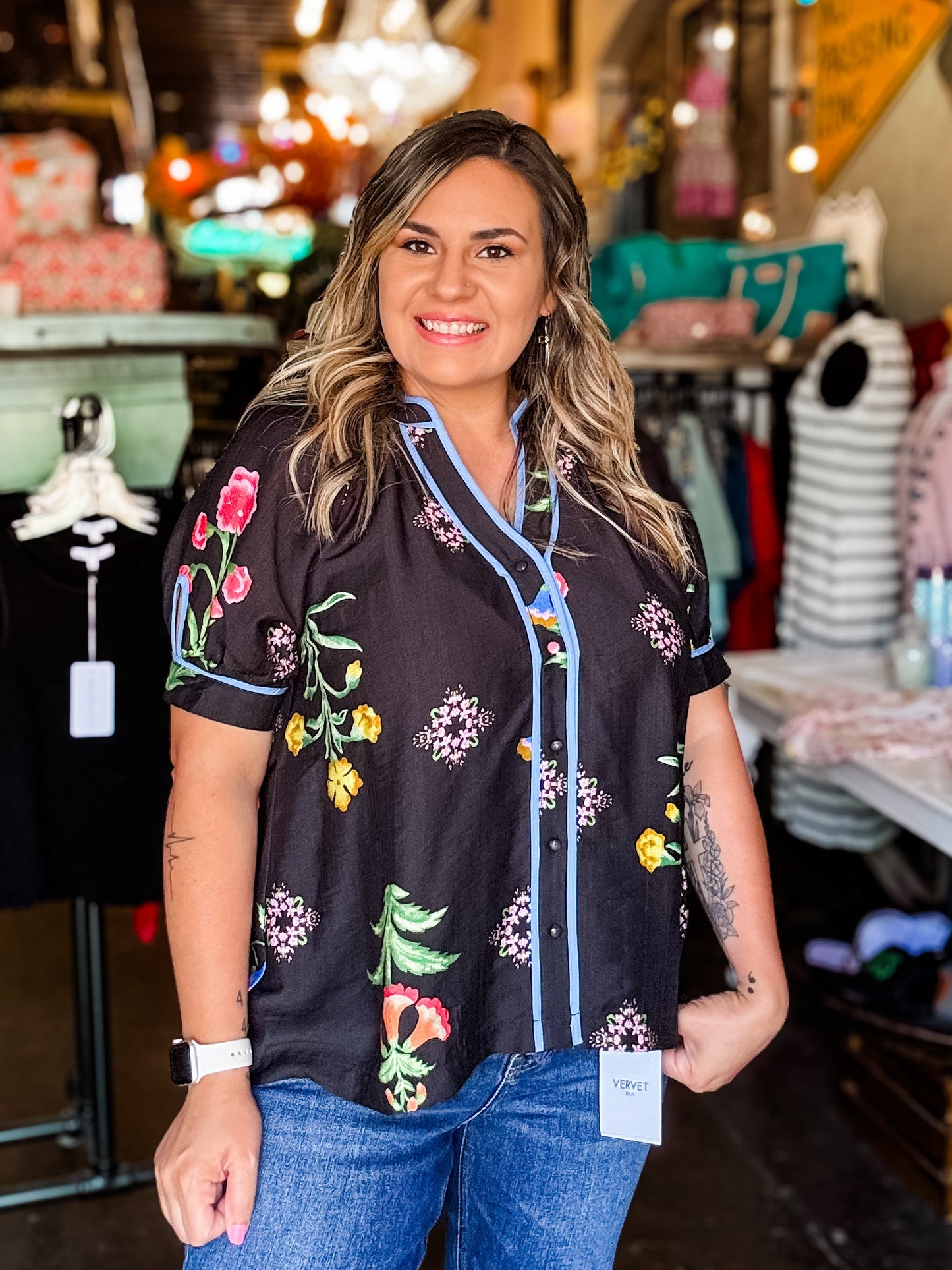 Umgee Blouse - Black Floral V-Neck