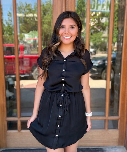 Dress - Black Short Sleeve Button Down