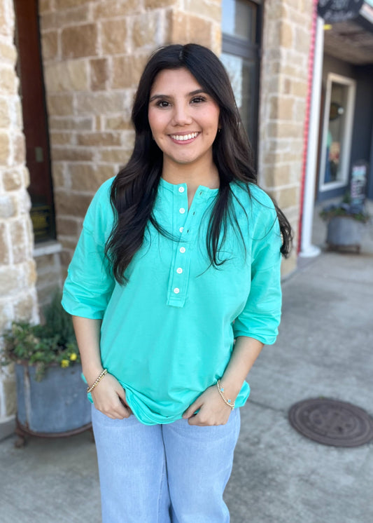 Top | Mint Green Half Sleeve Button Henley Top