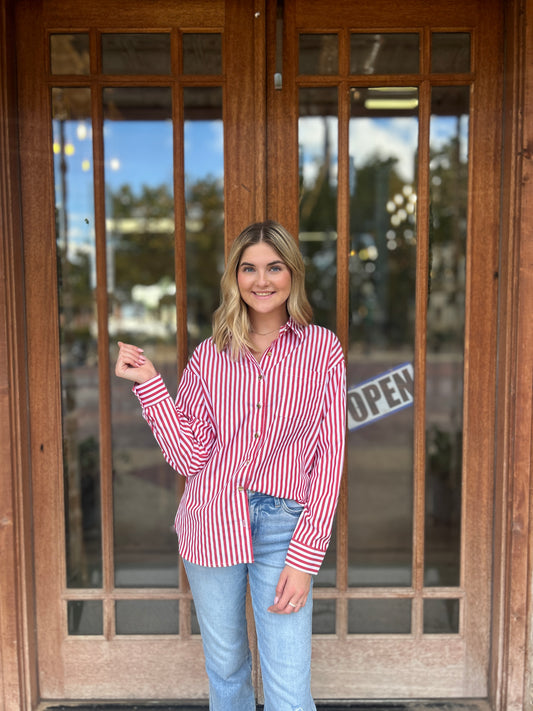 Tops | Blouse Stripe Patch Pocked Side Slit Loose Red
