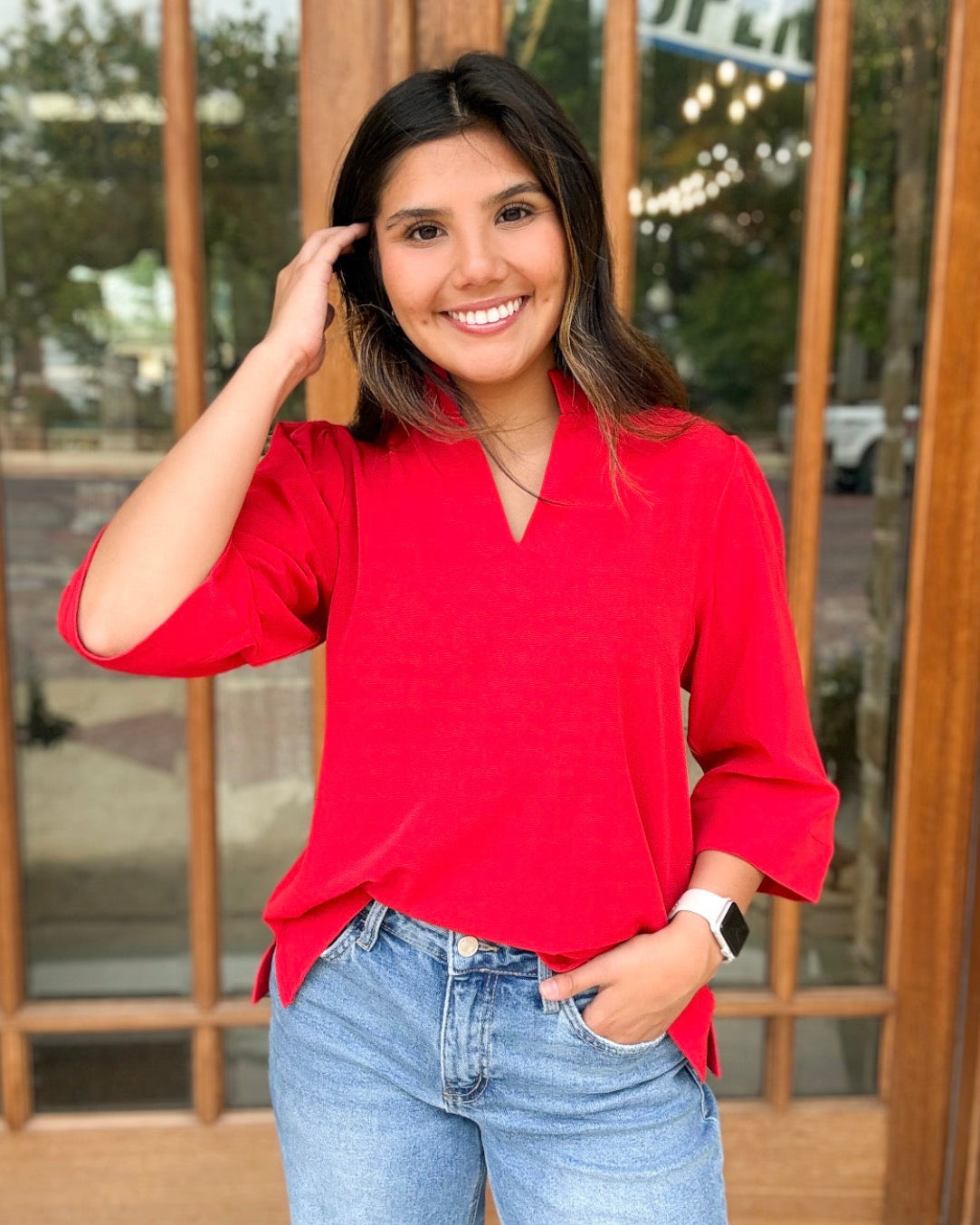 Jodifl Blouse - Red Classic Ruffle Neck