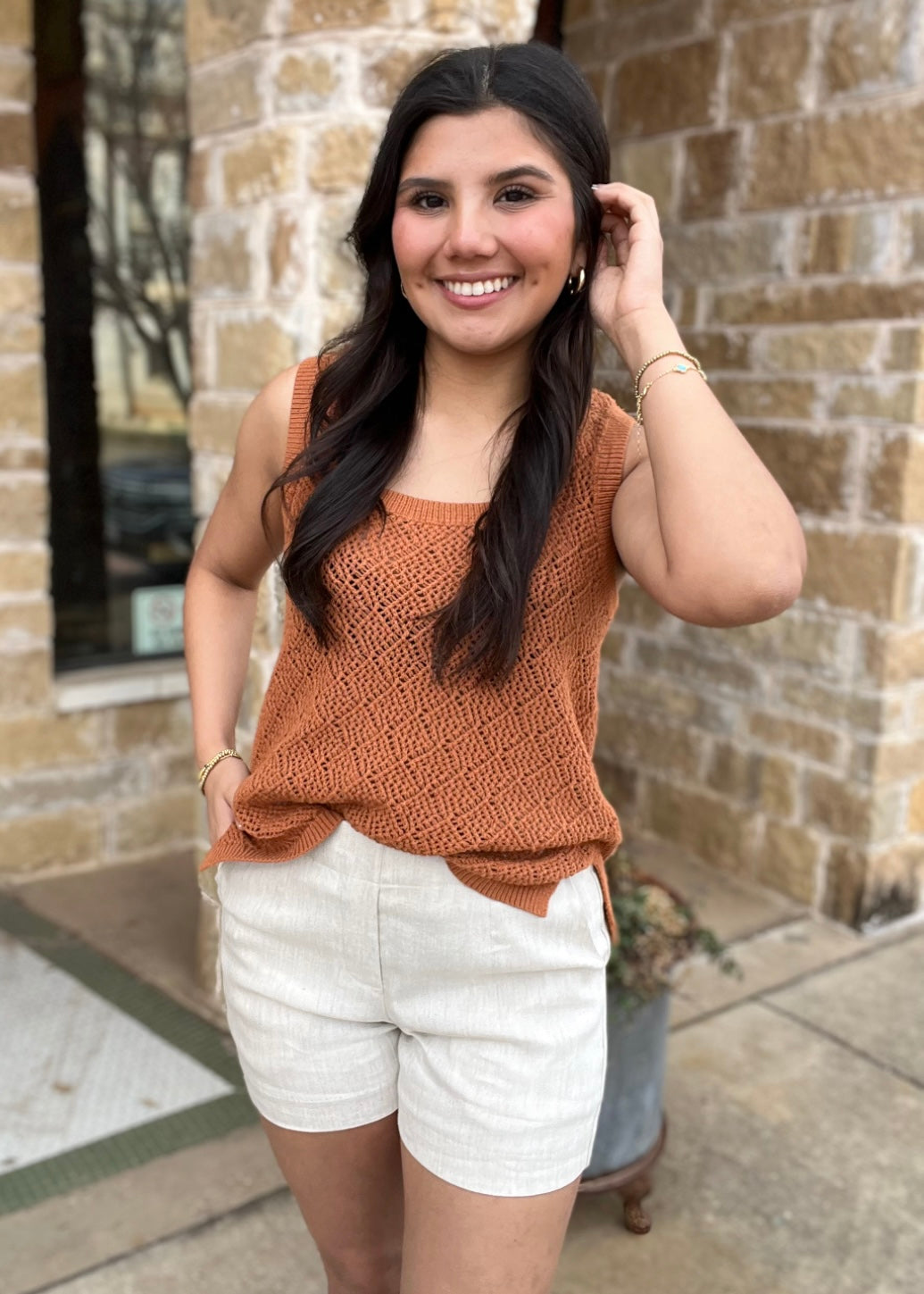 Top | Burnt Orange Square Neck Knit Top