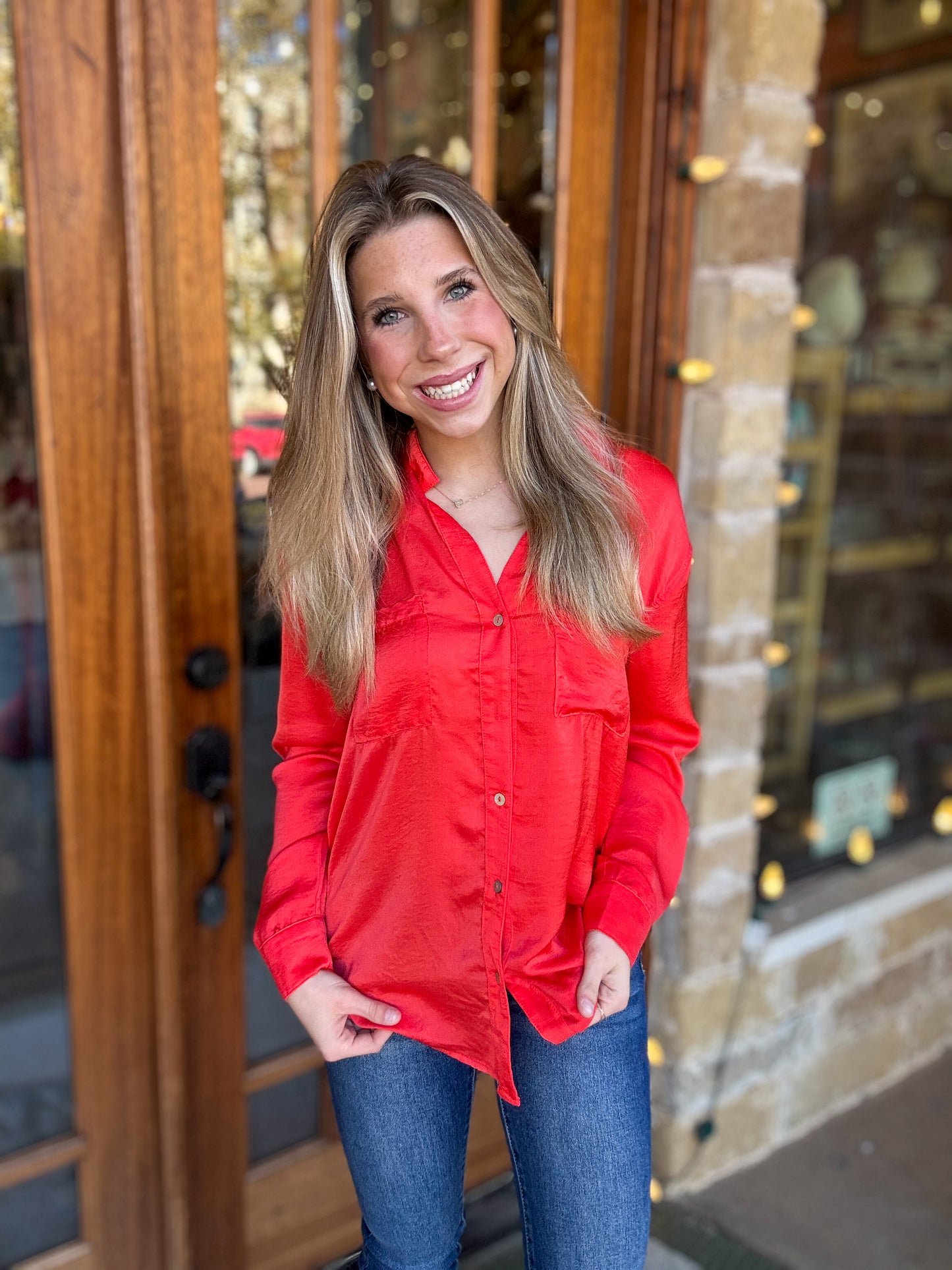 Tops | Blouse Tomato Red Silky Button Down Long Sleeve