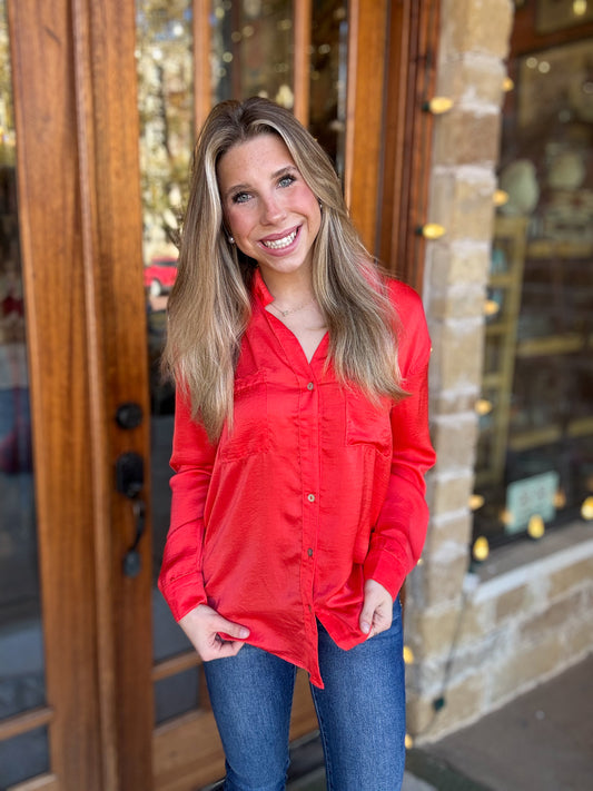 Tops | Blouse Tomato Red Silky Button Down Long Sleeve