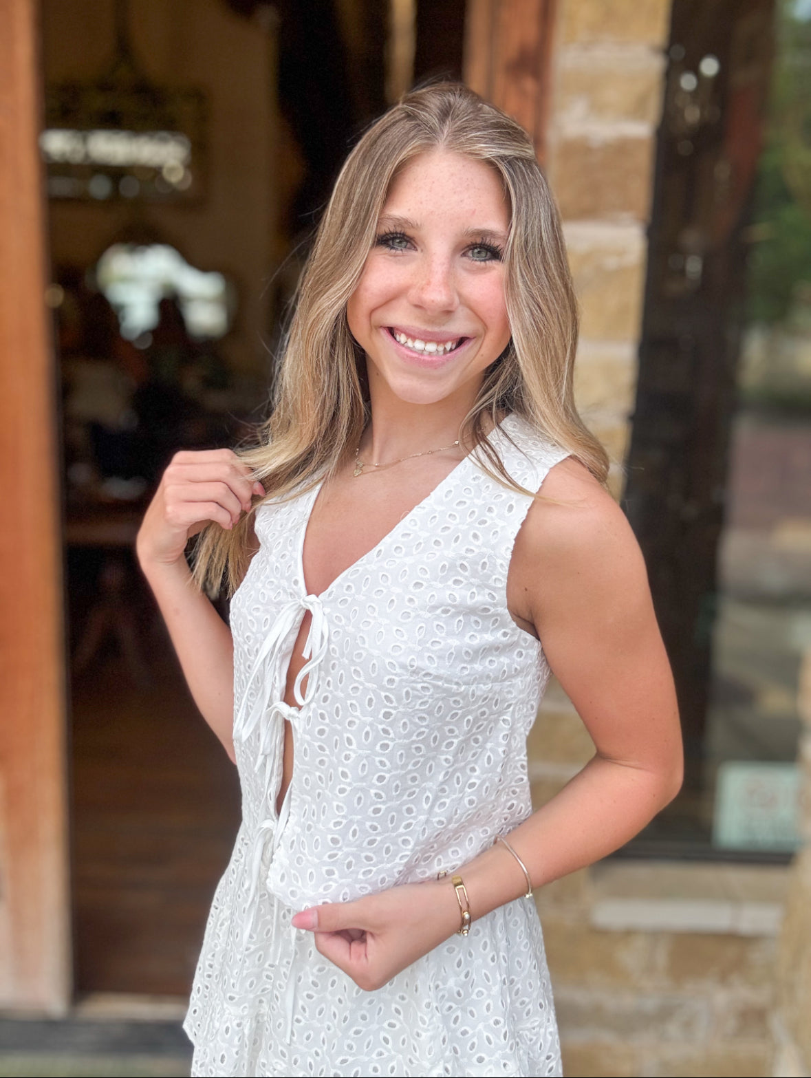 White Floral Eyelet Lace Tie Front Vest Top  & Tiered Skirt