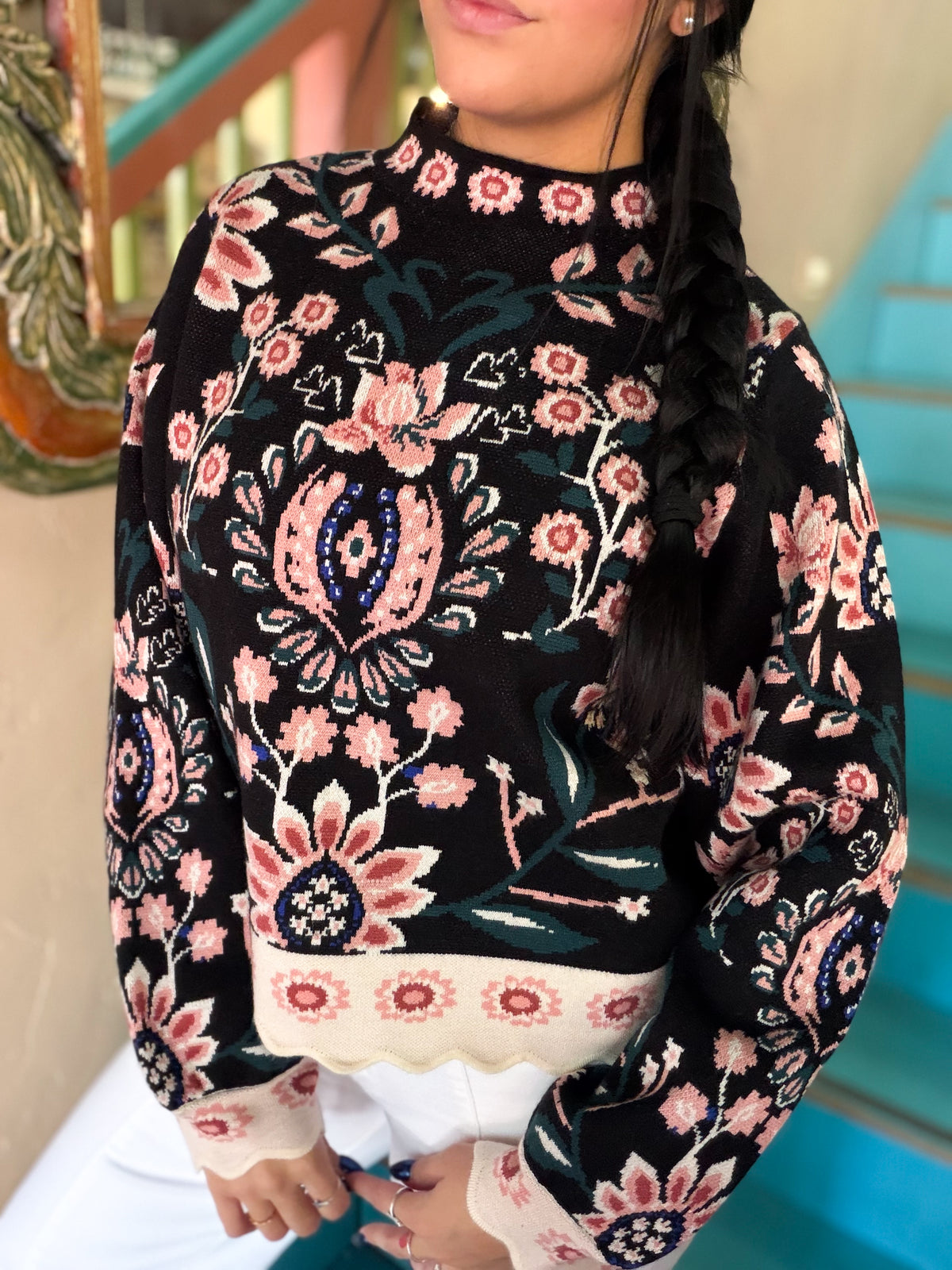 Sweater - THML Floral High Neck