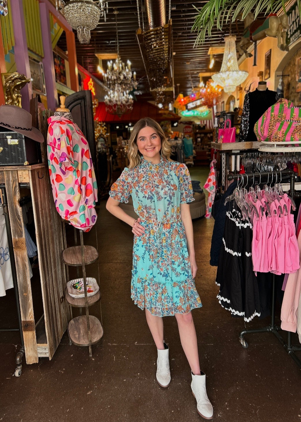 Dress |  Turquoise Oriental Mock Mini Dress with Floral Design