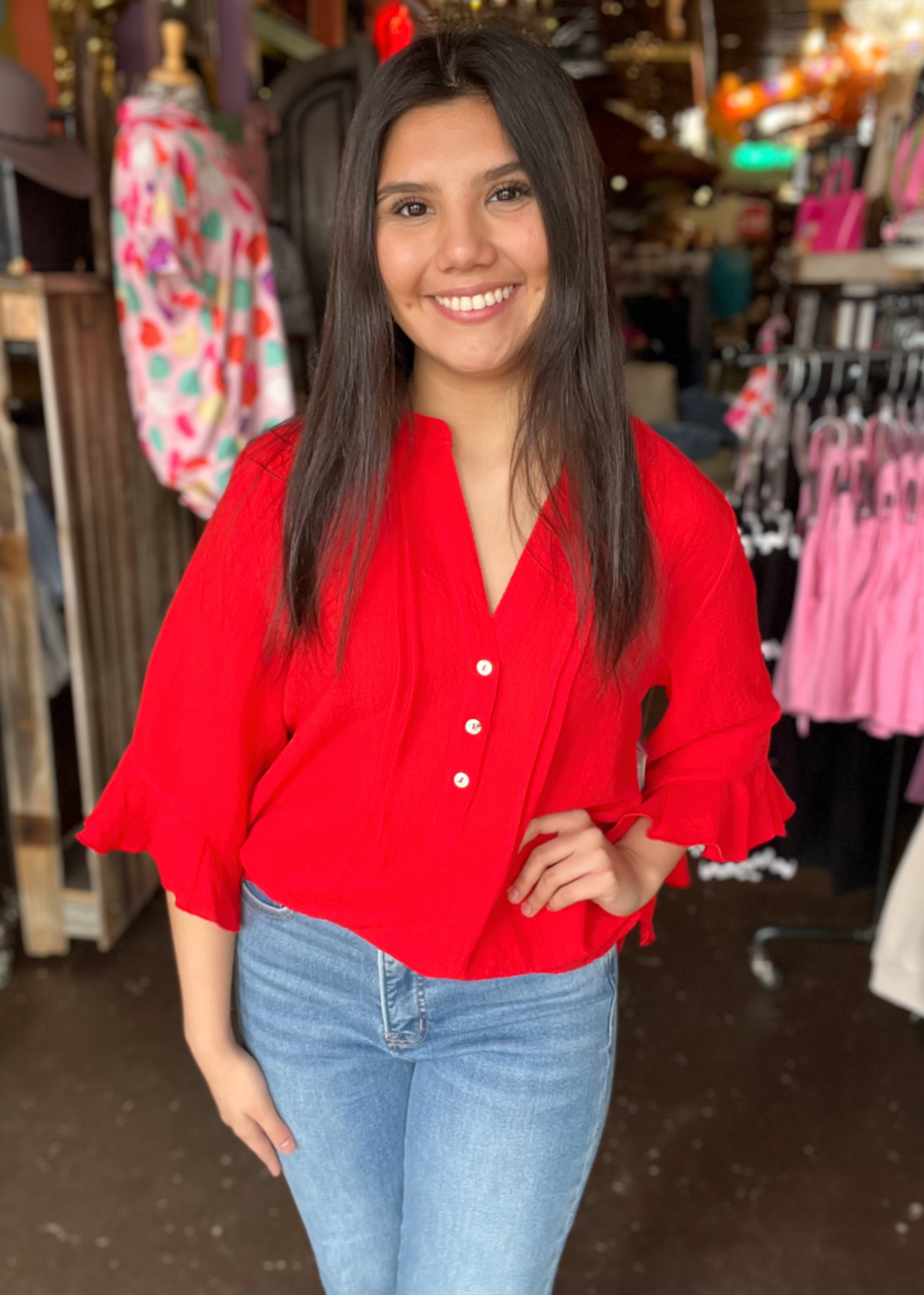 Tops | A La Carte Blouse Red Split Neck Top With Ruffle Sleeves