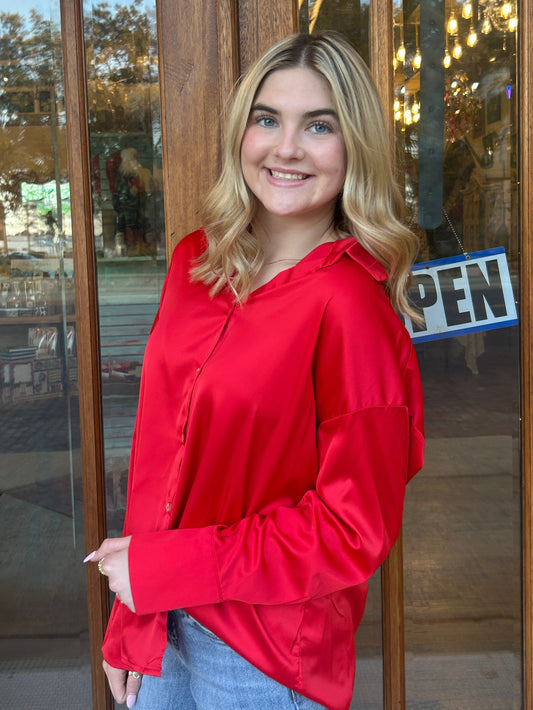 Satin Solid Red Button Down