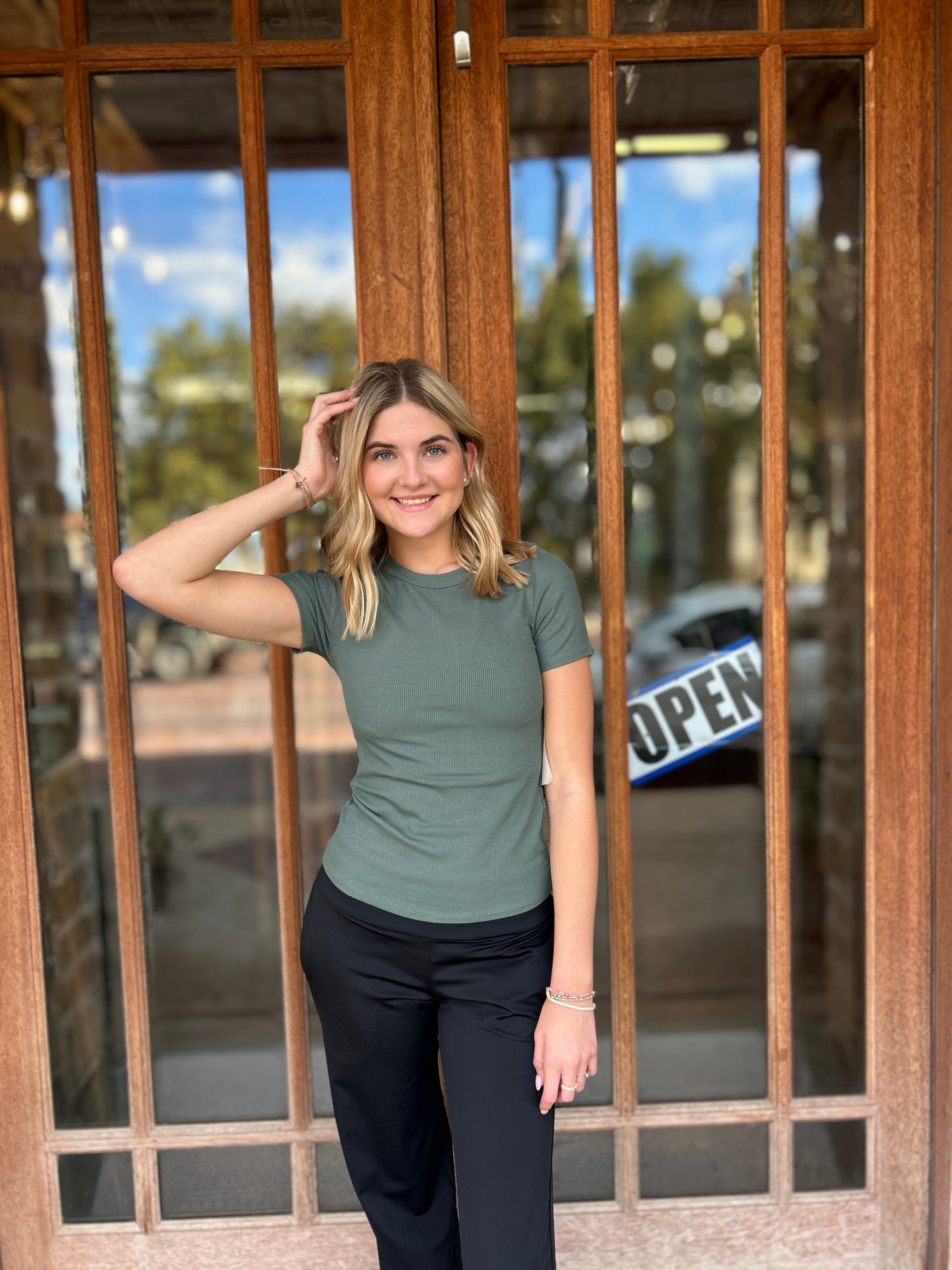 Athleisure | Essential Short-Sleeved Micro-Ribbed  Top: SILKY PINE