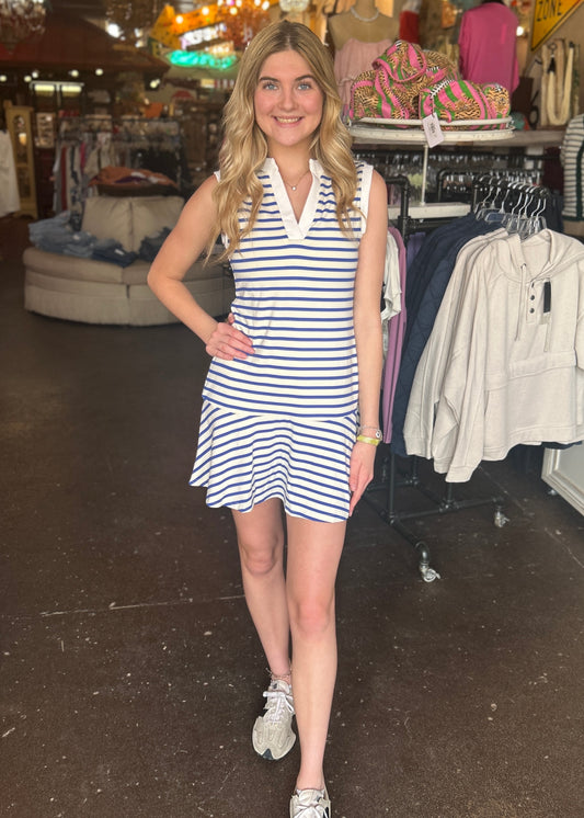 Dress | Blue Sleeveless Knit Striped Dress
