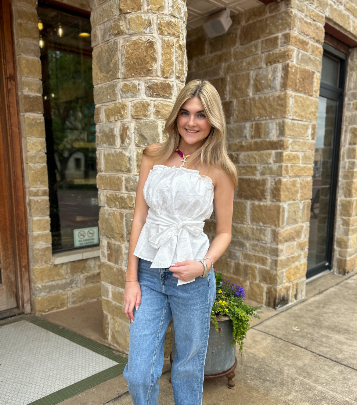 White Strapless Ruffled Tulle Top