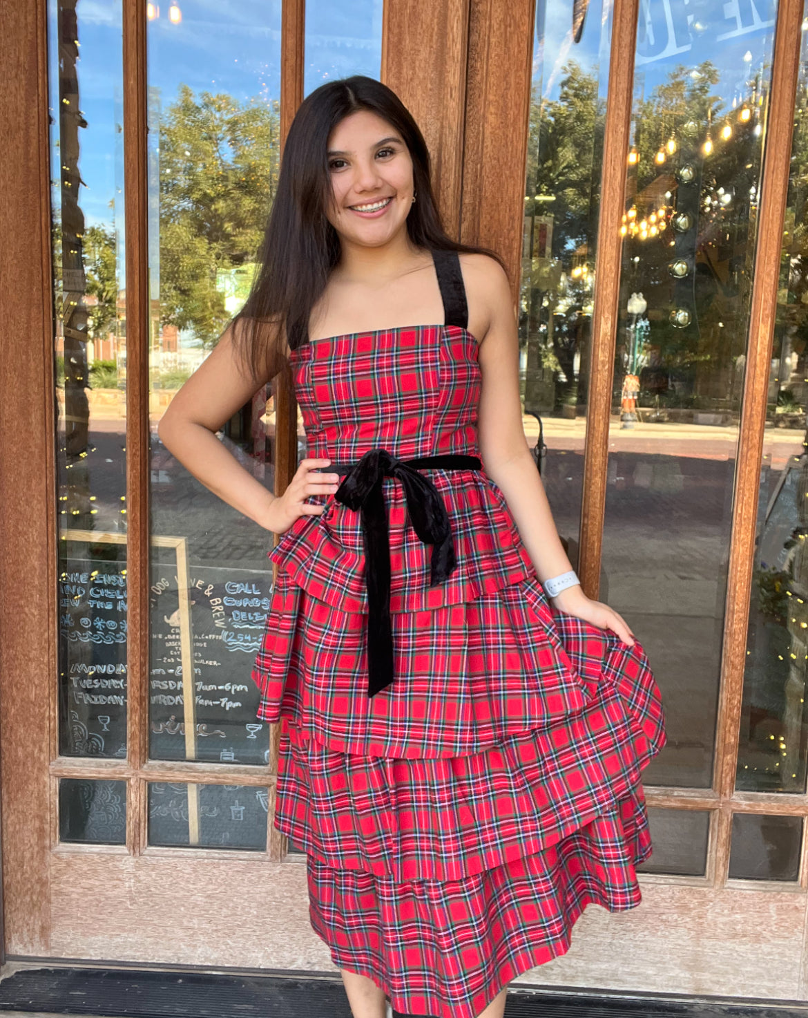 Dress | Green and Red Arvada Plaid Tiered Midi Dress With Black Tie Waist Black Shoulder Straps