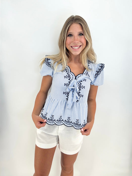 Top | Blouse Light Blue/Navy Floral Embroidered Pin Stripe Front Bow Tie Short Sleeve