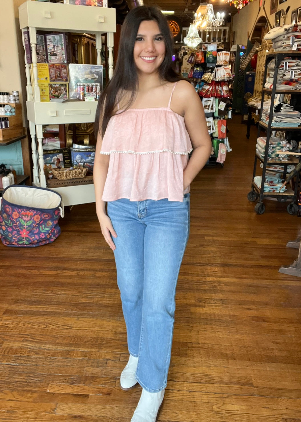 Tops | Pink Shimmer Tiered Ruffled Top with Pearl Details