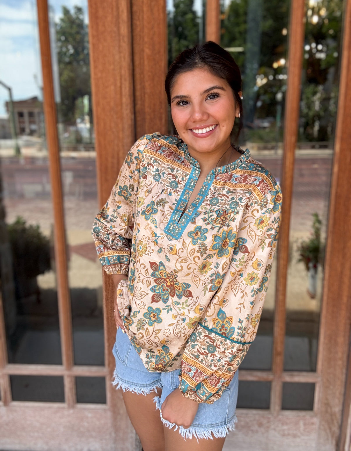 Top | Blouse Taupe Teal Ruffled Collared Split Neck Long Sleeve